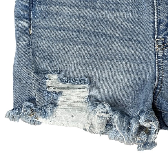 American Eagle Curvy Hi Rise Shortie 4 Distressed Cutoff Shorts Stretch Blue - Picture 4 of 11